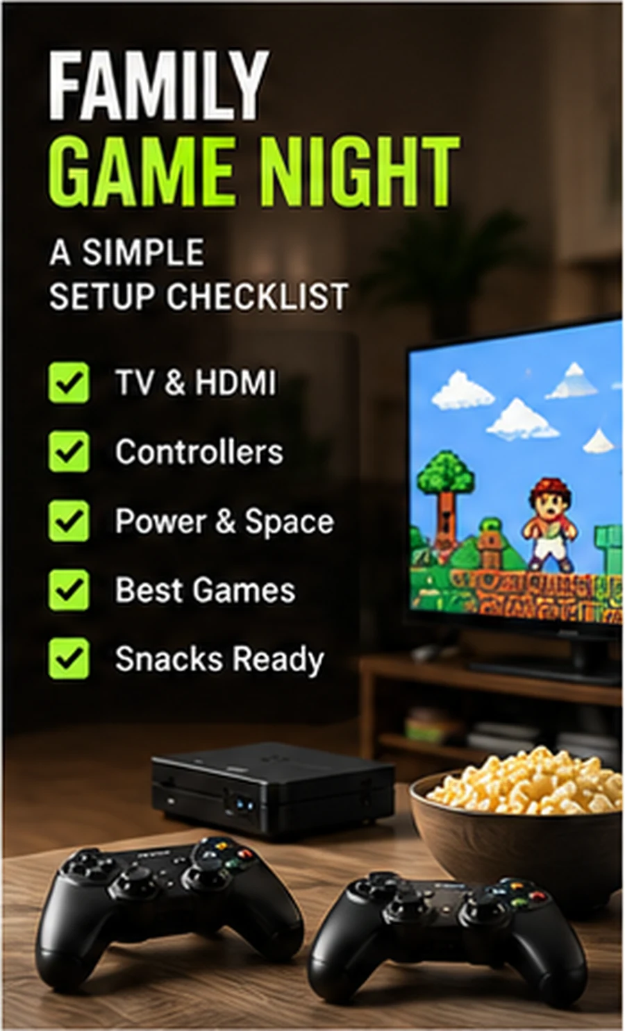 Family retro game night — practical G11 Pro editorial visual