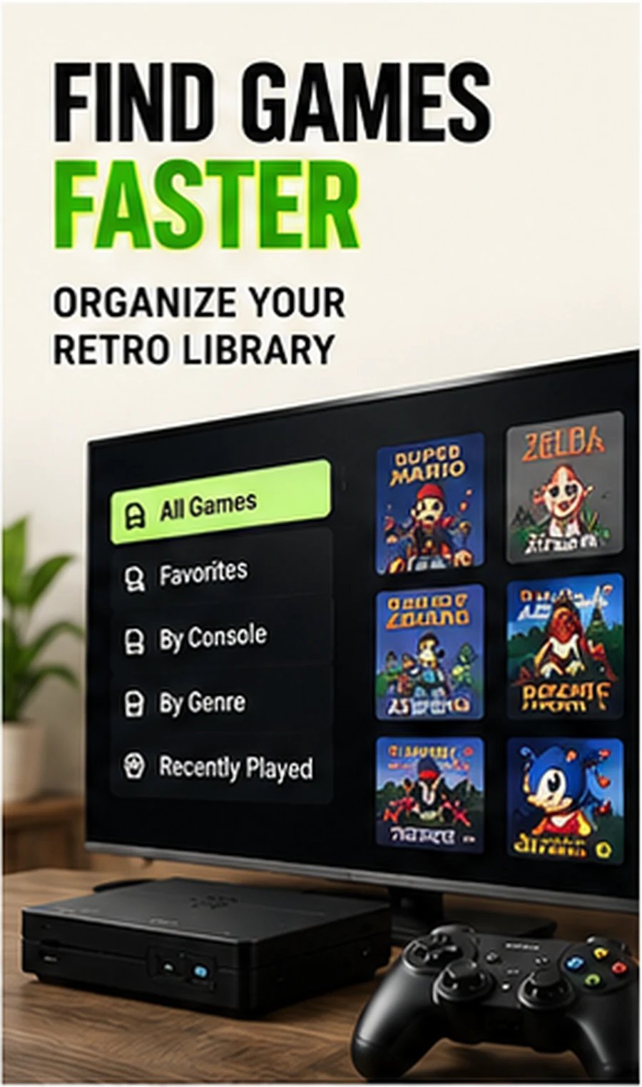 Organize retro game library — practical G11 Pro editorial visual