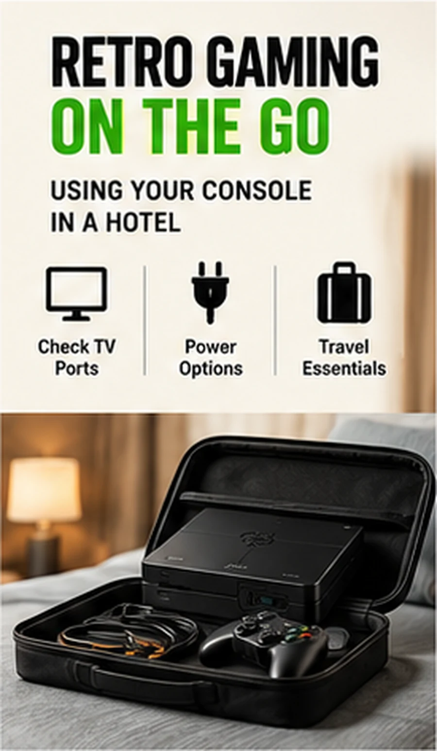 Retro console hotel TV travel — practical G11 Pro editorial visual